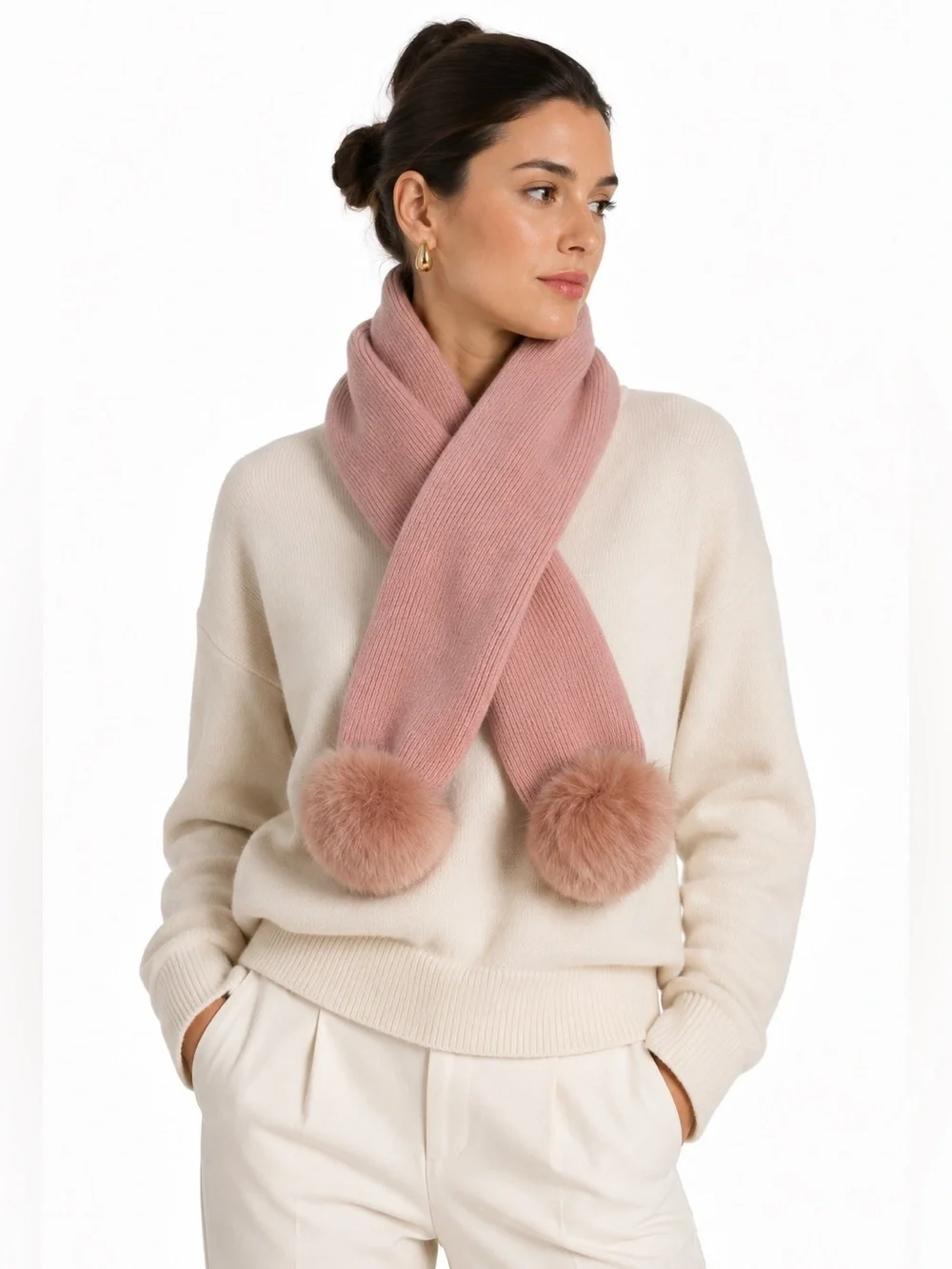 La Fiorentina Blush Pink Knit Pom Scarf Wrap OS